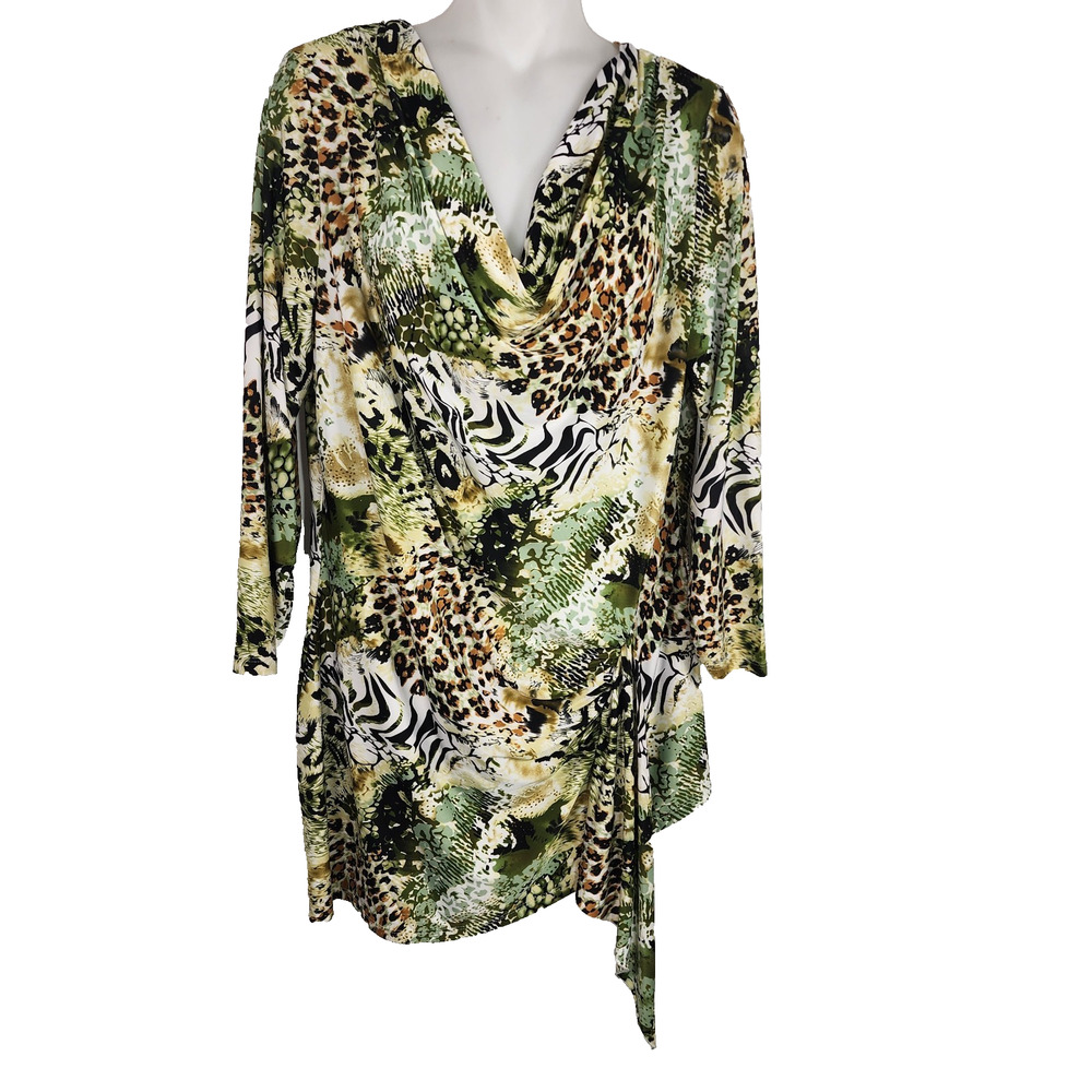 Milano Women Mixed Animal Print Cowl Neck 3/4 Sleeve Asymmetrical Tie Side Large